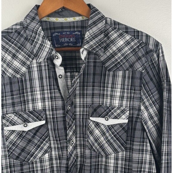 English Hero Men’s Large Shirt Eminence Black Button Up Geometric Cuff Pocket - Picture 1 of 11